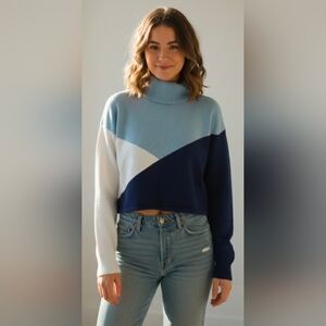 Colorblock Turtleneck Sweater - Blue, White, and Navy